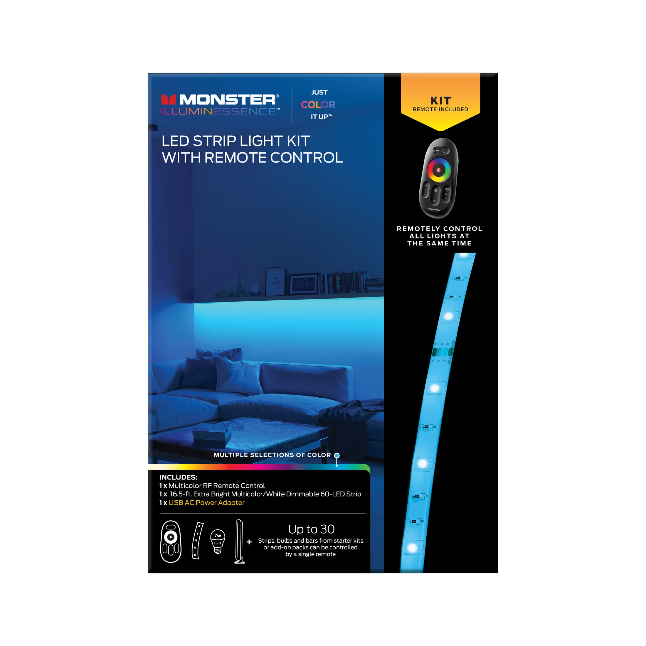 Front panel of an LED strip light kit package with product, remote, and room-context imagery