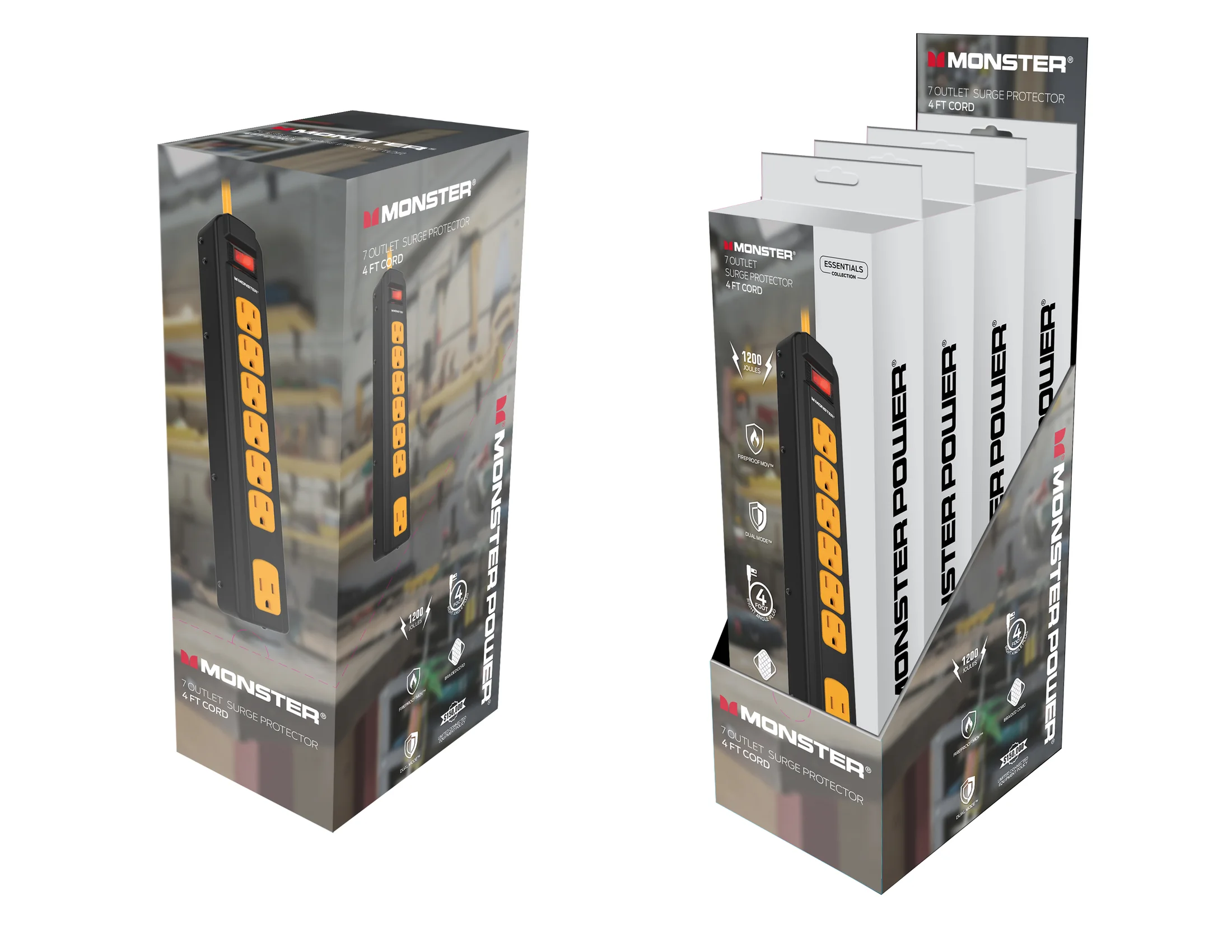 Retail product display and packaging mockup demonstrating an applied brand system