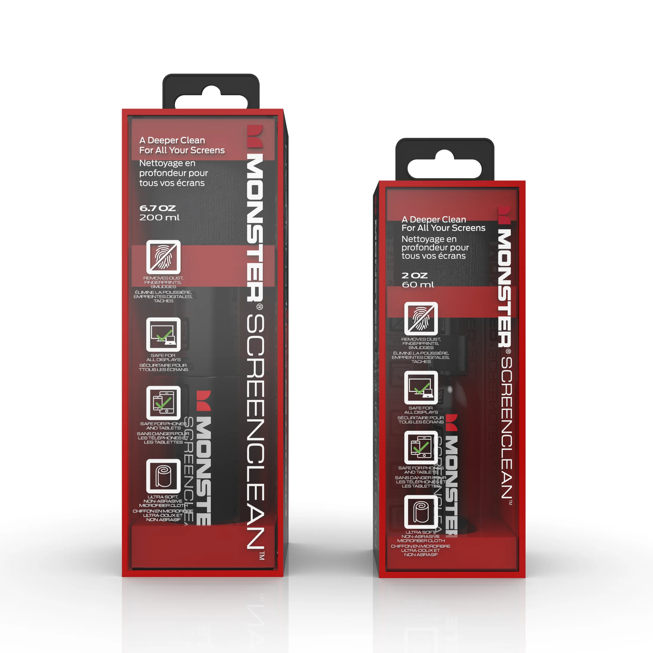 Two related screen-cleaning products presented as a coordinated package family