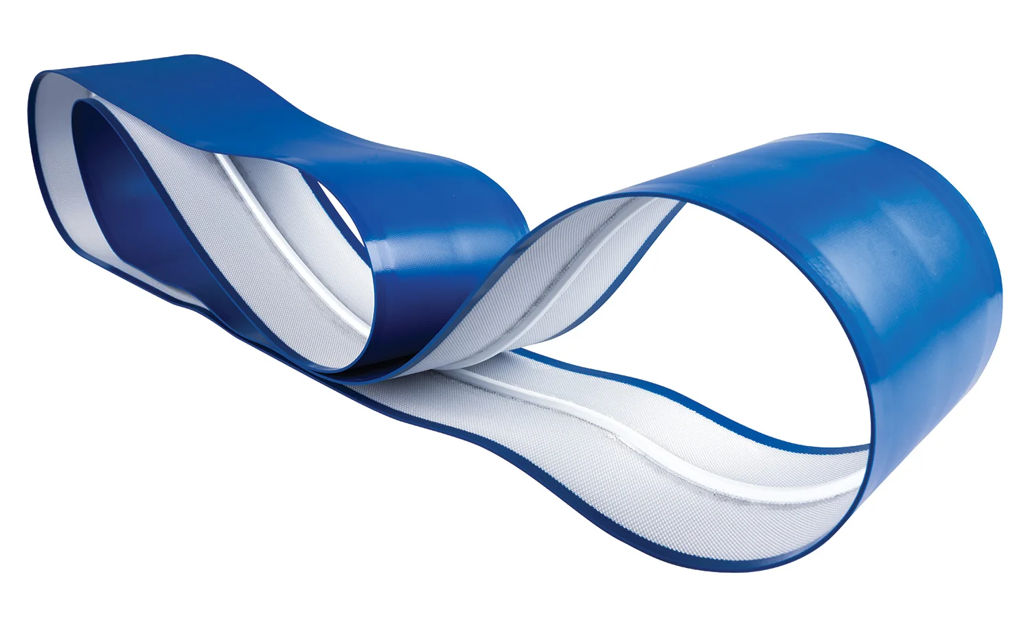 Blue industrial belt arranged in flowing loops against a white background