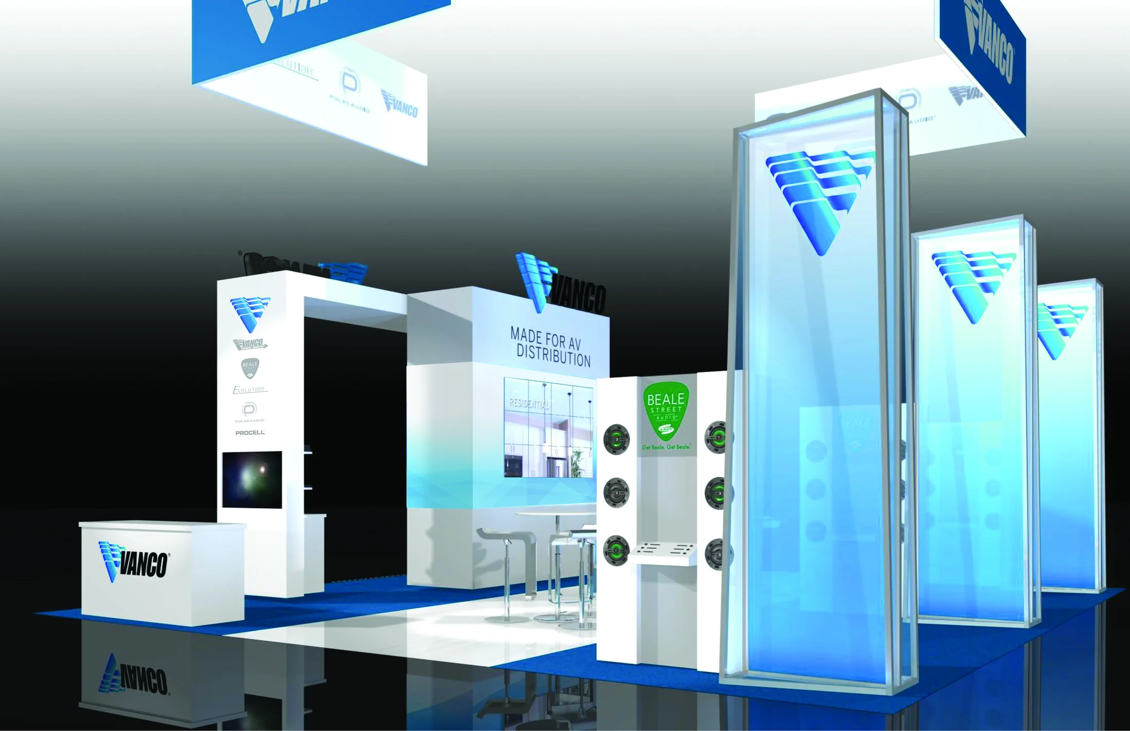 Alternate Vanco booth concept showing elevated identity, white structures, and illuminated display towers